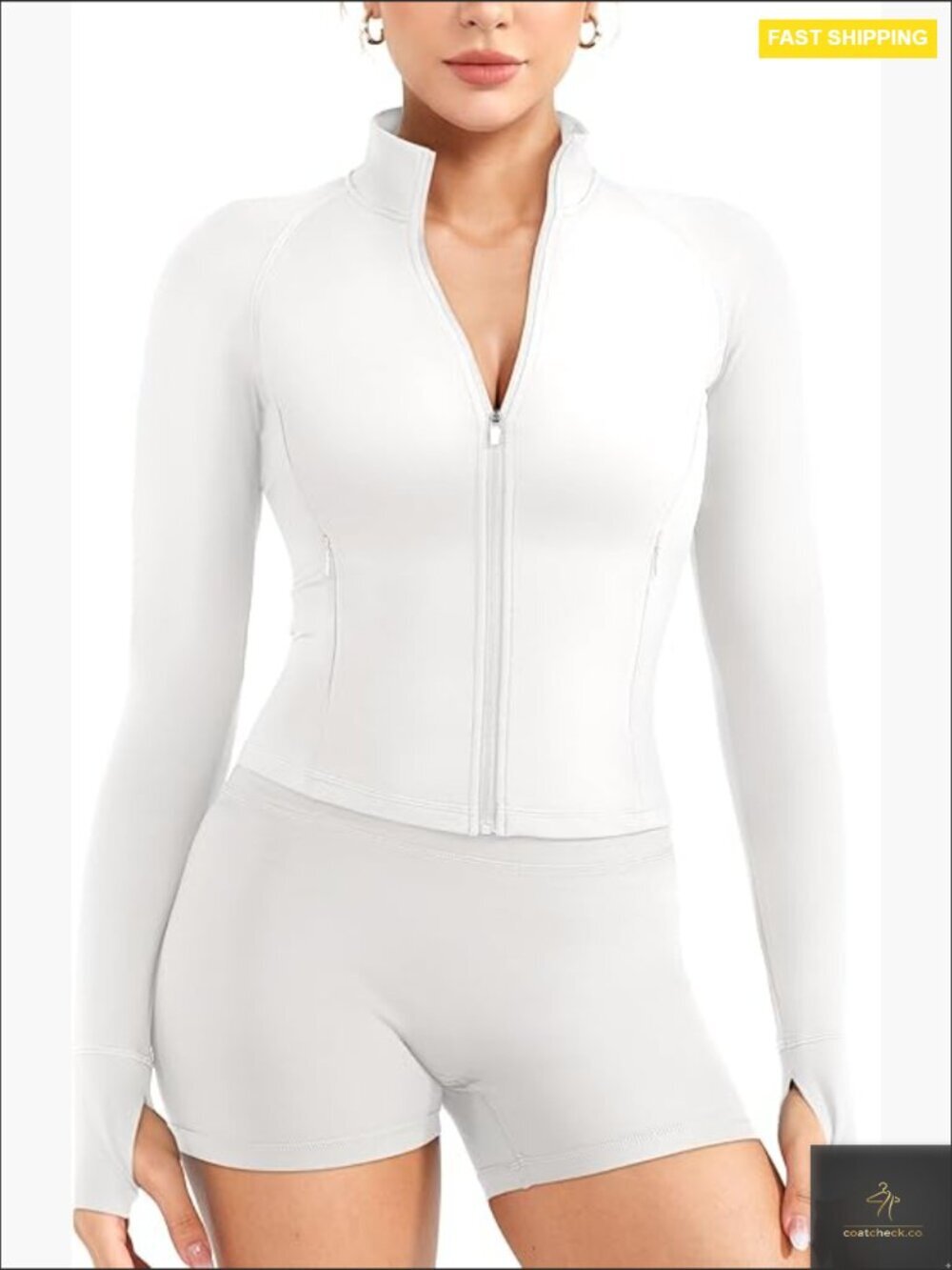 Full Zip Cropped Workout Jacket with Thumb Holes Athletic Gym Yoga Top